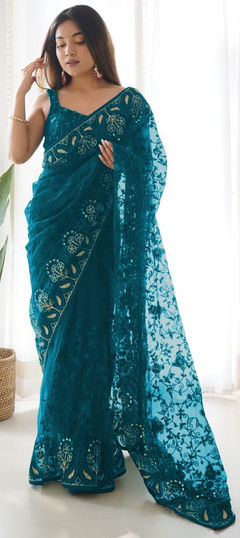 Blue color Saree in Net fabric with Embroidered, Thread work