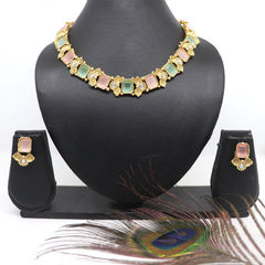 Gold Rodium Polish Green, Red and Maroon color Necklace in Brass studded with CZ Diamond