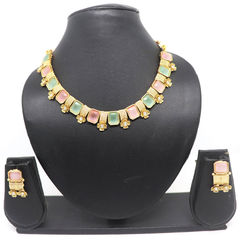 Gold Rodium Polish Green, Red and Maroon color Necklace in Brass studded with CZ Diamond