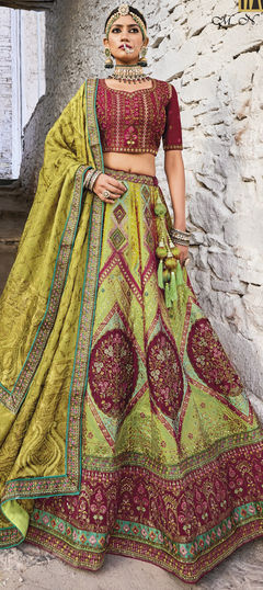 Green color Lehenga in Banarasi Silk fabric with Embroidered, Sequence, Thread, Weaving work