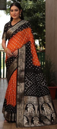 Orange color Saree in Silk fabric with Bandhej, Printed, Weaving work