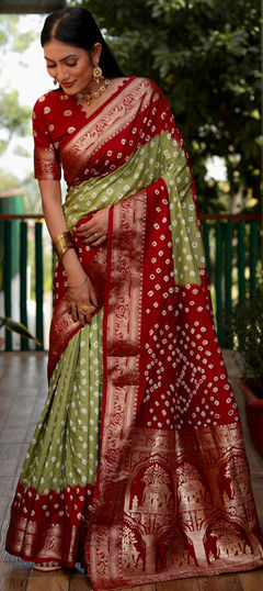 Green color Saree in Silk fabric with Bandhej, Printed, Weaving work