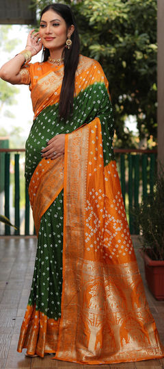 Green color Saree in Silk fabric with Bandhej, Printed, Weaving work