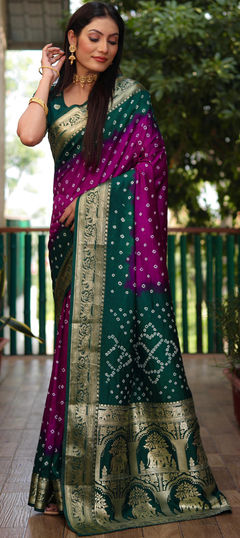 Pink and Majenta color Saree in Silk fabric with Bandhej, Printed, Weaving work