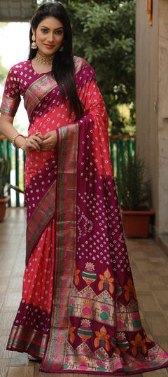 Orange color Saree in Silk fabric with Bandhej, Printed, Weaving work