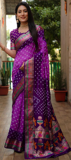 Purple and Violet color Saree in Silk fabric with Bandhej, Printed, Weaving work