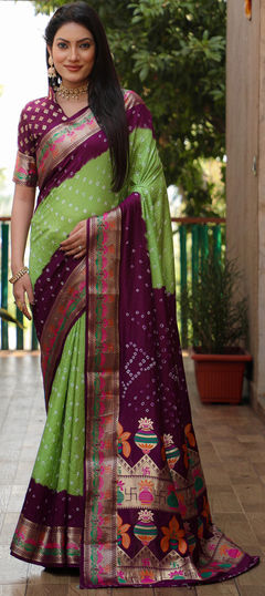 Green color Saree in Silk fabric with Bandhej, Printed, Weaving work