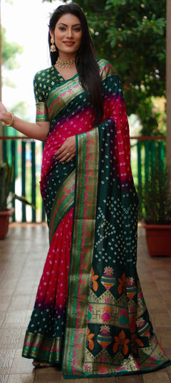 Pink and Majenta color Saree in Silk fabric with Bandhej, Printed, Weaving work