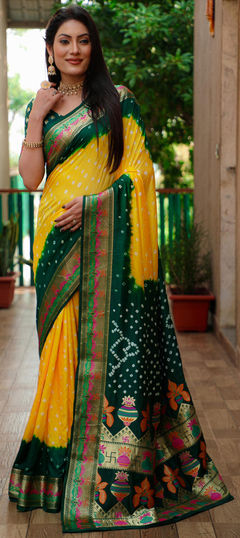 Yellow color Saree in Silk fabric with Bandhej, Printed, Weaving work