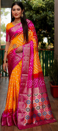 Yellow color Saree in Silk fabric with Bandhej, Printed, Weaving work