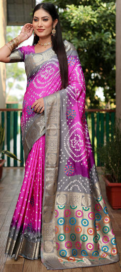 Pink and Majenta color Saree in Silk fabric with Bandhej, Printed, Weaving work