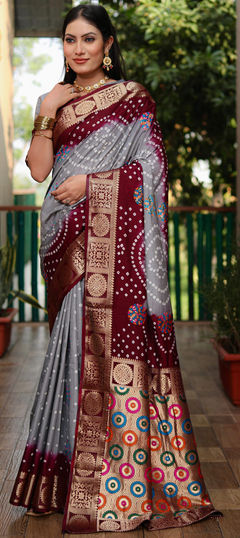 Black and Grey color Saree in Silk fabric with Bandhej, Printed, Weaving work