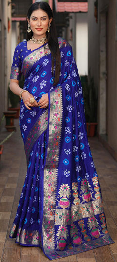 Blue color Saree in Silk fabric with Bandhej, Printed, Weaving work