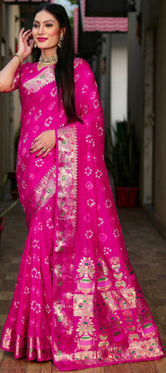 Pink and Majenta color Saree in Silk fabric with Bandhej, Printed, Weaving work