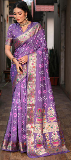 Purple and Violet color Saree in Silk fabric with Bandhej, Printed, Weaving work