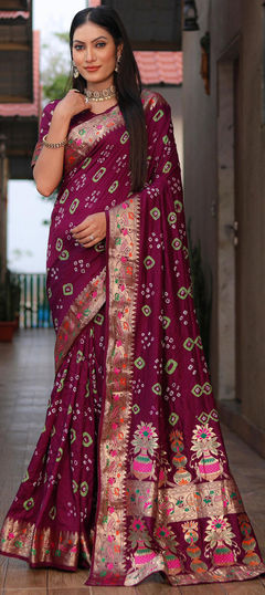 Purple and Violet color Saree in Silk fabric with Bandhej, Printed, Weaving work