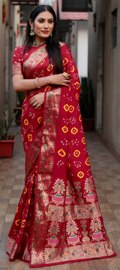 Red and Maroon color Saree in Silk fabric with Bandhej, Printed, Weaving work