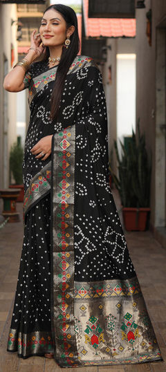 Black and Grey color Saree in Silk fabric with Bandhej, Printed work