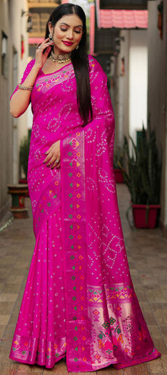 Pink and Majenta color Saree in Silk fabric with Bandhej, Printed work