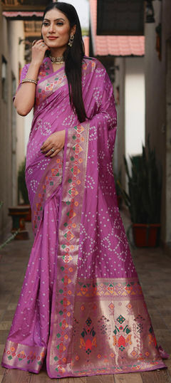 Purple and Violet color Saree in Silk fabric with Bandhej, Printed work