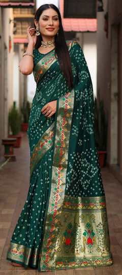 Green color Saree in Silk fabric with Bandhej, Printed work