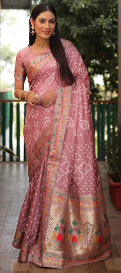 Pink and Majenta color Saree in Silk fabric with Bandhej, Printed work