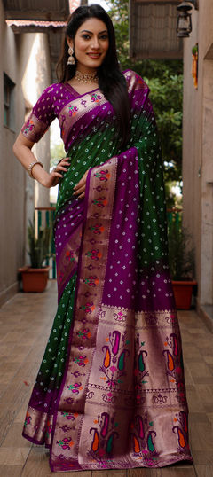 Green color Saree in Silk fabric with Bandhej, Printed, Weaving work