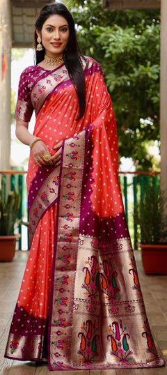 Orange color Saree in Silk fabric with Bandhej, Printed, Weaving work