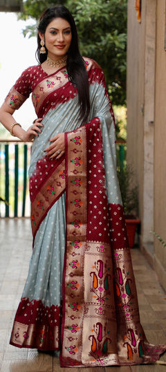 Black and Grey color Saree in Silk fabric with Bandhej, Printed, Weaving work