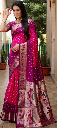 Pink and Majenta color Saree in Silk fabric with Bandhej, Printed, Weaving work