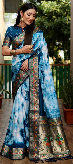 Blue color Saree in Art Silk fabric with Printed, Thread work