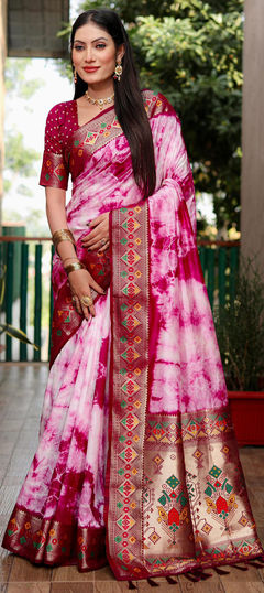 Pink and Majenta color Saree in Art Silk fabric with Printed, Tye n Dye work