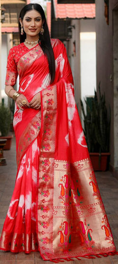 Red and Maroon color Saree in Silk fabric with Printed, Tye n Dye work