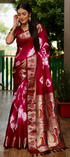 Red and Maroon color Saree in Silk fabric with Printed, Tye n Dye work