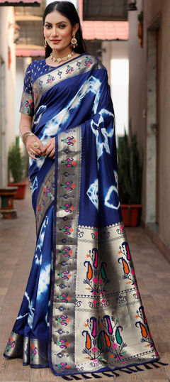 Blue color Saree in Silk fabric with Printed, Tye n Dye work