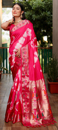 Pink and Majenta color Saree in Silk fabric with Printed, Tye n Dye work