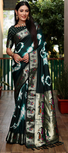 Green color Saree in Silk fabric with Printed, Tye n Dye work