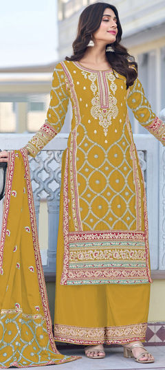 Festive, Party Wear, Reception Yellow color Salwar Kameez in Art Silk fabric with Palazzo, Straight Embroidered, Thread, Zari work : 1925733