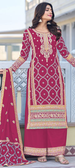 Festive, Party Wear, Reception Pink and Majenta color Salwar Kameez in Art Silk fabric with Palazzo, Straight Embroidered, Thread, Zari work : 1925736