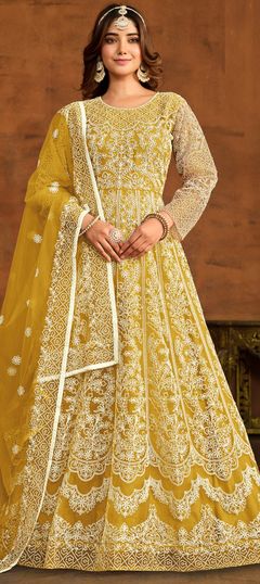 Yellow color Salwar Kameez in Net fabric with Embroidered, Resham, Thread work