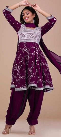 Purple and Violet color Salwar Kameez in Art Silk fabric with Embroidered, Thread work