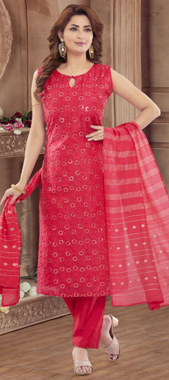 Festive, Party Wear, Reception Pink and Majenta color Salwar Kameez in Chanderi Silk fabric with Straight Embroidered, Sequence, Thread work : 1925907