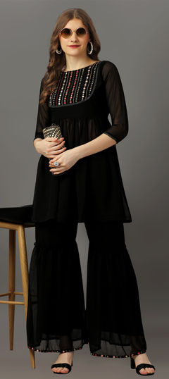 Festive, Reception Black and Grey color Salwar Kameez in Georgette fabric with Sharara Embroidered, Thread work : 1925912