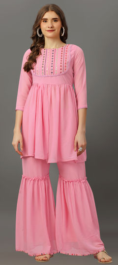Pink and Majenta color Salwar Kameez in Georgette fabric with Embroidered, Thread work