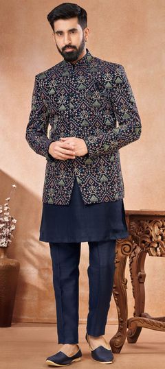 Blue color Jodhpuri Suit in Banarasi Silk fabric with Embroidered, Thread work