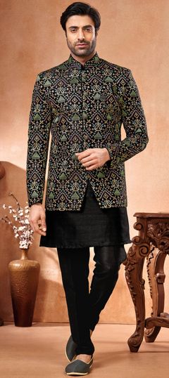 Party Wear Black and Grey color Jodhpuri Suit in Banarasi Silk fabric with Embroidered, Thread work : 1925922