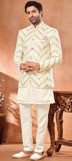 Party Wear Beige and Brown color Jodhpuri Suit in Velvet fabric with Embroidered, Thread work : 1925923