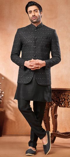 Party Wear Black and Grey color Jodhpuri Suit in Banarasi Silk fabric with Embroidered, Thread work : 1925924