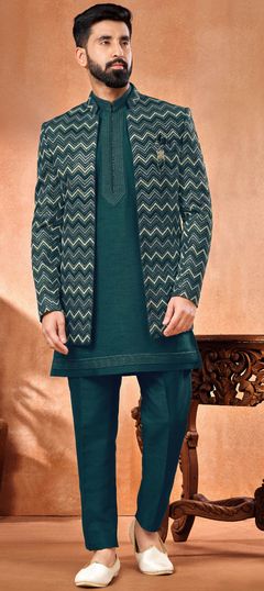 Party Wear Green color Jodhpuri Suit in Banarasi Silk fabric with Embroidered, Thread work : 1925928