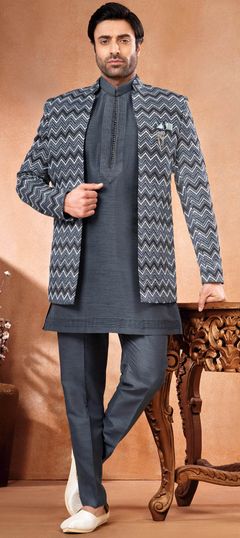 Party Wear Black and Grey color Jodhpuri Suit in Banarasi Silk fabric with Embroidered, Thread work : 1925929